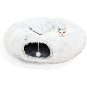 LUCKITTY Warm Fluffy Plush Cat Dog Tunnel Bed with Washable Cushion,  White